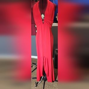 Red plunge halter dress